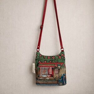 ANUSCHKA Leather Crossbody Bag Hand Painted Cafe Floral Adjustable